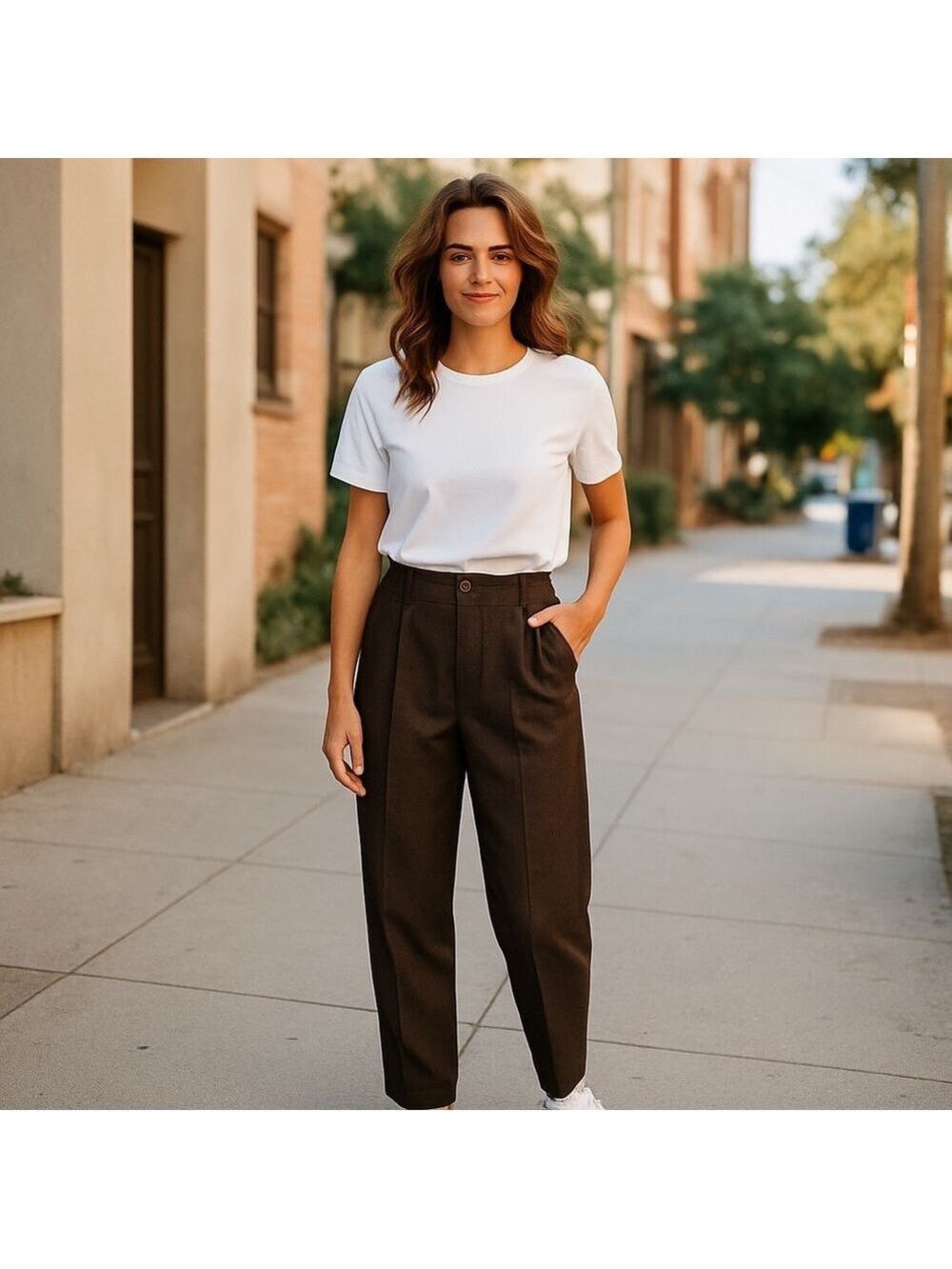 NWT ESCADA BROWN WOOL STRAIGHT LEG PLEAT FRONT PANTS MINIMALIST LUXURY SZ 12-14